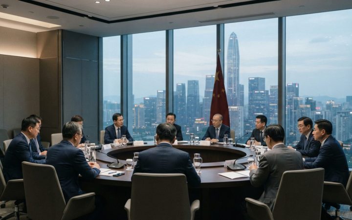 Illustration: A modern executive conference room in a high-rise building with large glass windows overlooking the Shenzhen urban skyline, arranged wit