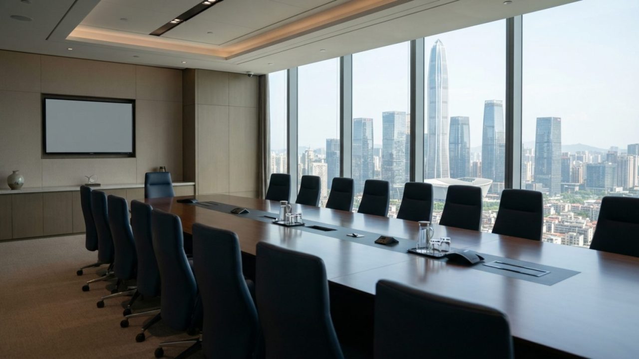 Illustration: A modern corporate boardroom inside a high-rise tower in Shenzhen, featuring an expansive glass window showing the city skyline, a sleek