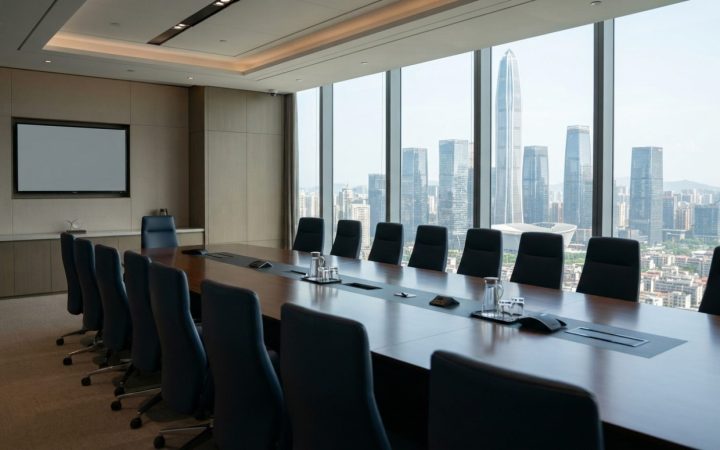 Illustration: A modern corporate boardroom inside a high-rise tower in Shenzhen, featuring an expansive glass window showing the city skyline, a sleek