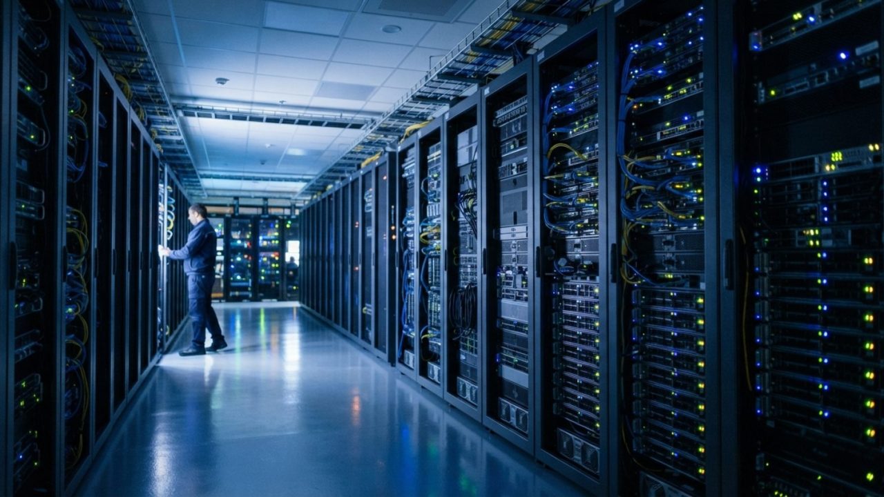 Illustration: A modern server room corridor with sleek metallic racks, glowing status indicator lights, and ambient blue reflections on glossy floorin