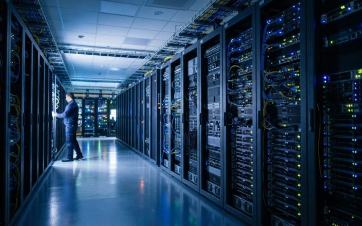Illustration: A modern server room corridor with sleek metallic racks, glowing status indicator lights, and ambient blue reflections on glossy floorin