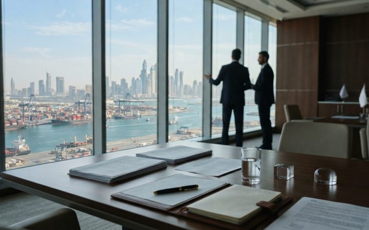 Illustration: A modern corporate legal office conference room in Dubai overlooking a commercial port and skyline, with formal business contracts and d
