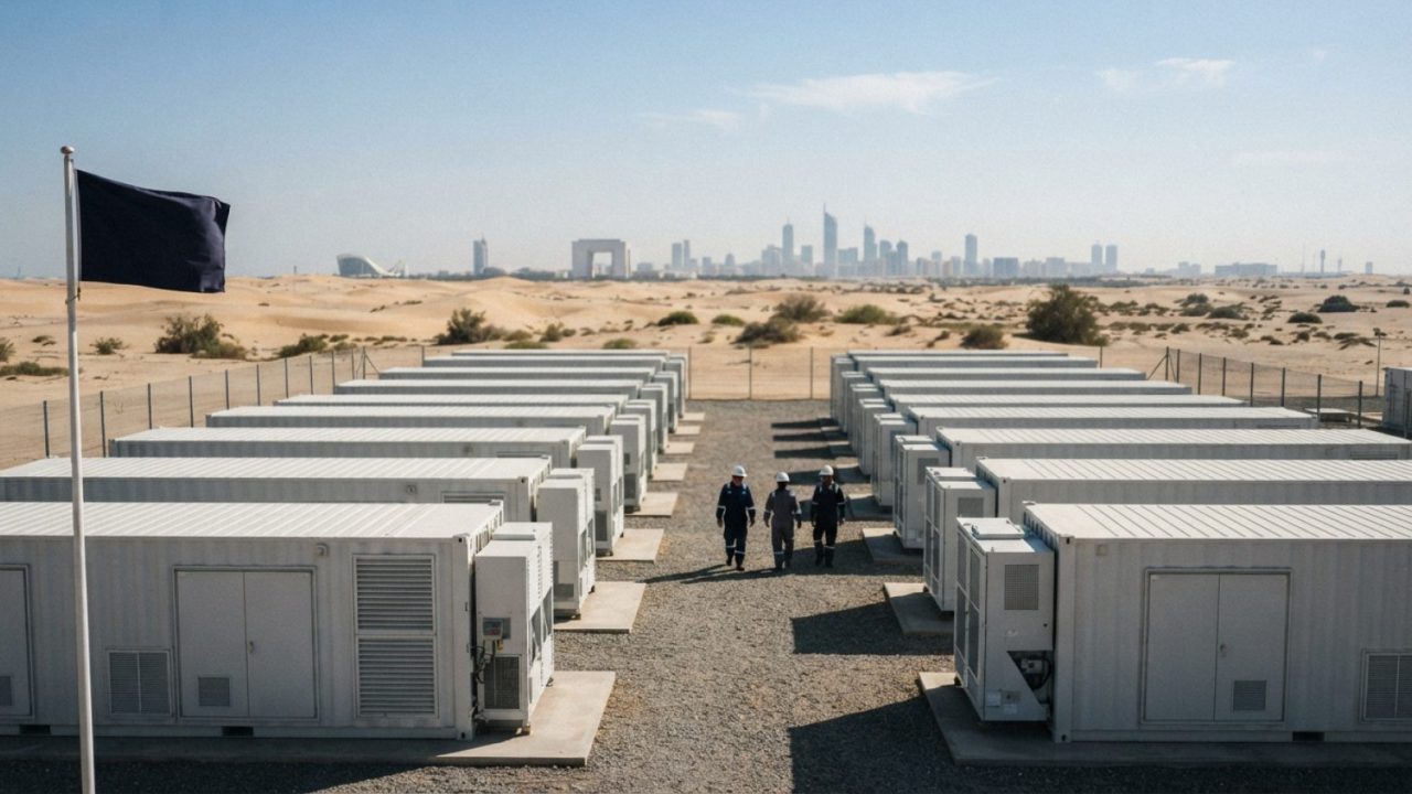 Illustration: A modern utility-scale stationary battery energy storage facility with sleek containerized units under bright sunlight in an arid desert