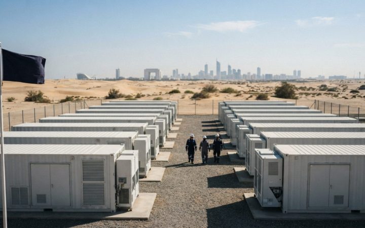 Illustration: A modern utility-scale stationary battery energy storage facility with sleek containerized units under bright sunlight in an arid desert