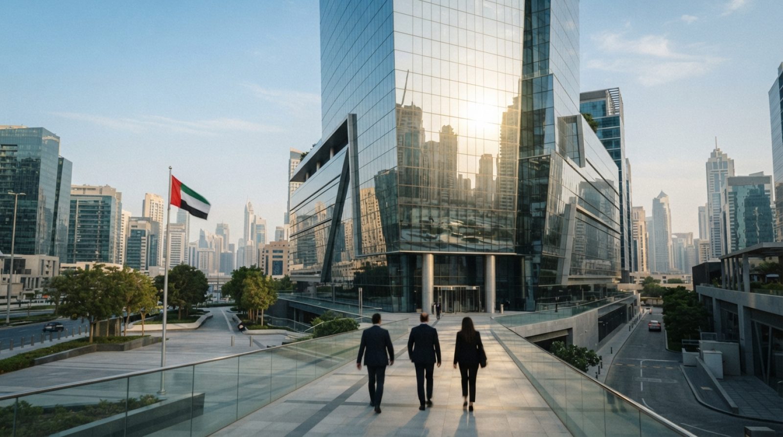 Illustration: A modern, sleek investment bank office building in Dubai International Financial Centre with glass architecture reflecting the afternoon