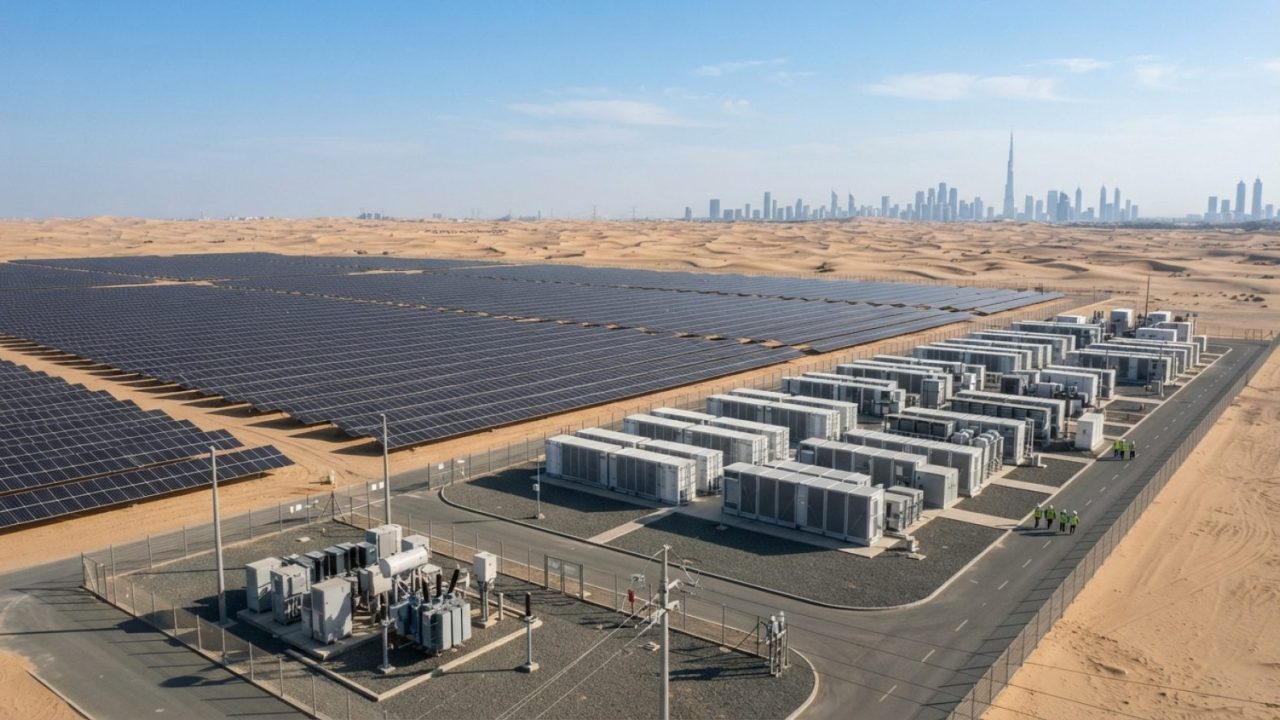 Illustration: A modern solar power plant combined with industrial battery energy storage systems set against a desert landscape outside Dubai under cl