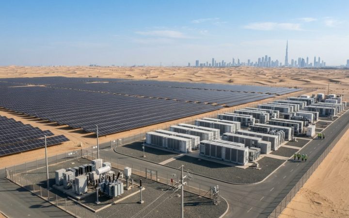 Illustration: A modern solar power plant combined with industrial battery energy storage systems set against a desert landscape outside Dubai under cl