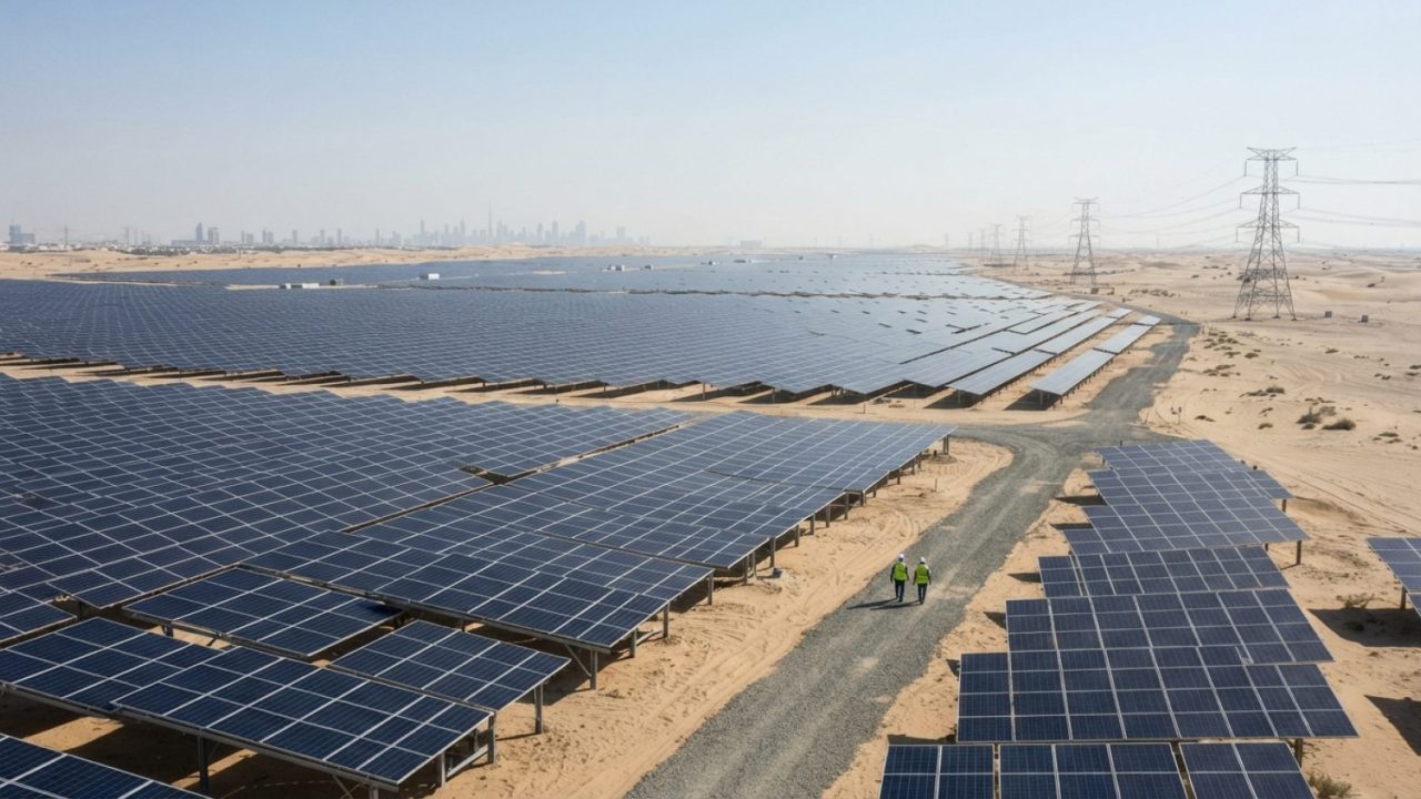Illustration: Large-scale modern solar power park in the desert outside Dubai with endless arrays of photovoltaic panels under clear daylight, high-vo