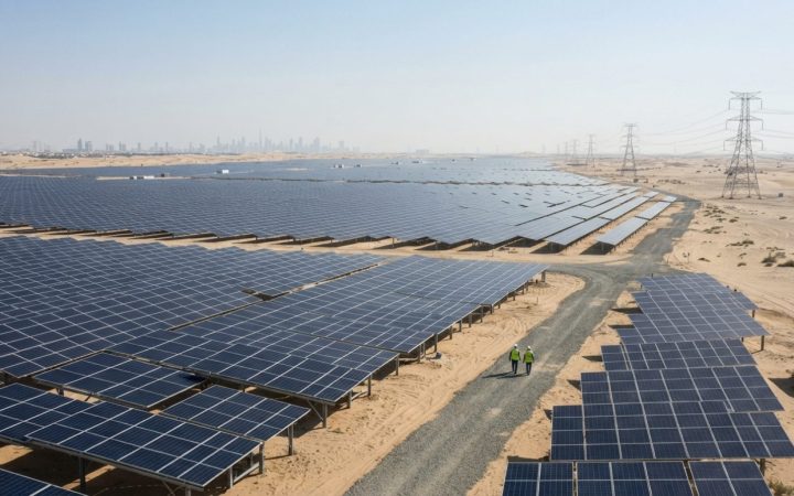 Illustration: Large-scale modern solar power park in the desert outside Dubai with endless arrays of photovoltaic panels under clear daylight, high-vo