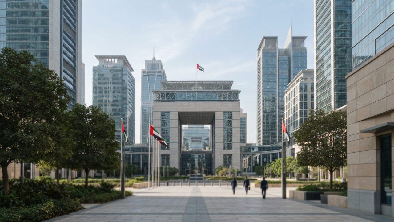 Illustration: Exterior view of modern office towers and corporate headquarters in the Dubai International Financial Centre under clear daylight, repre