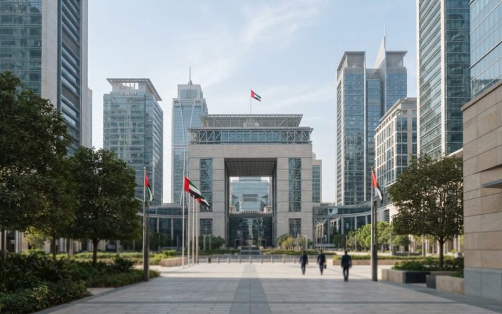 Illustration: Exterior view of modern office towers and corporate headquarters in the Dubai International Financial Centre under clear daylight, repre
