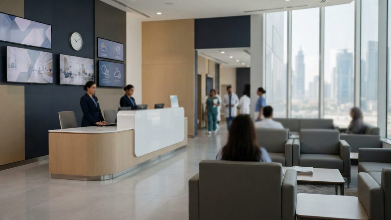 Illustration: Interior view of a modern private medical clinic reception and waiting lounge in Dubai, featuring clean architectural lines, bright neut