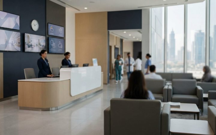 Illustration: Interior view of a modern private medical clinic reception and waiting lounge in Dubai, featuring clean architectural lines, bright neut