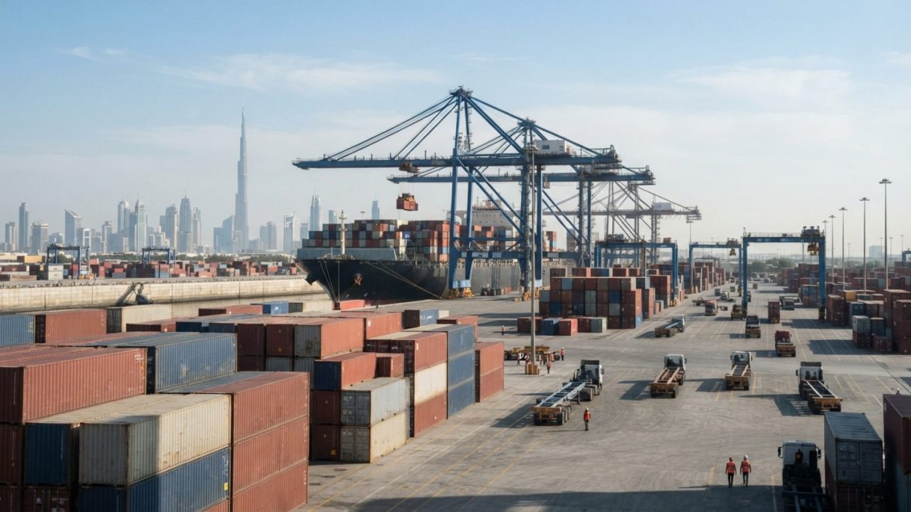 Illustration: Commercial container terminal and logistics hub in Dubai with cargo containers, gantry cranes, and transport trucks under clear daylight