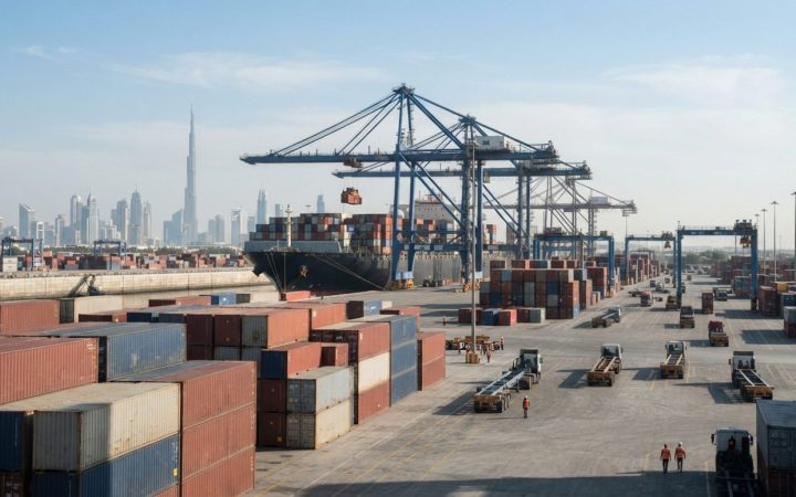Illustration: Commercial container terminal and logistics hub in Dubai with cargo containers, gantry cranes, and transport trucks under clear daylight