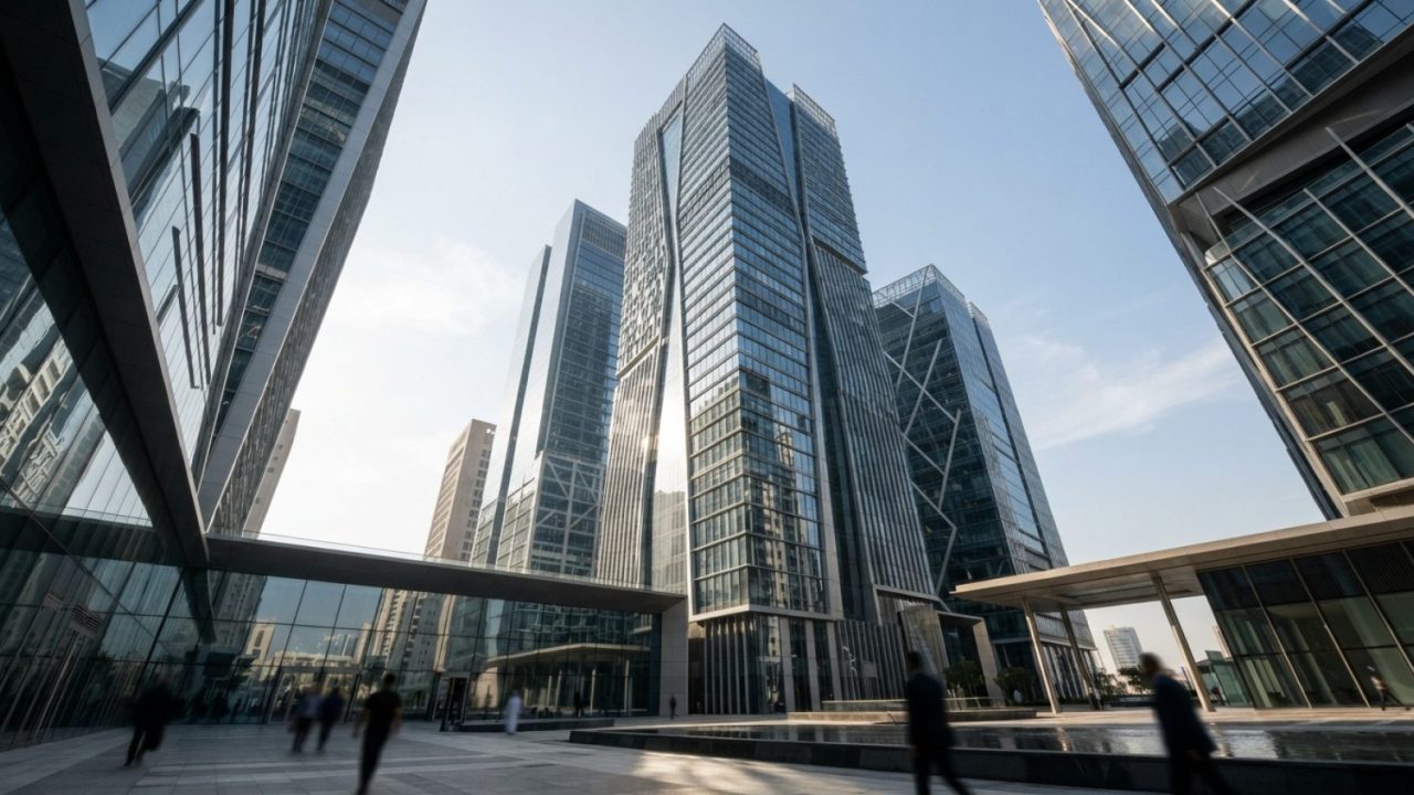 Illustration: Low-angle architectural view of modern glass and steel financial towers in the United Arab Emirates under clear daylight, with clean geo