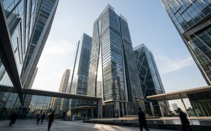 Illustration: Low-angle architectural view of modern glass and steel financial towers in the United Arab Emirates under clear daylight, with clean geo