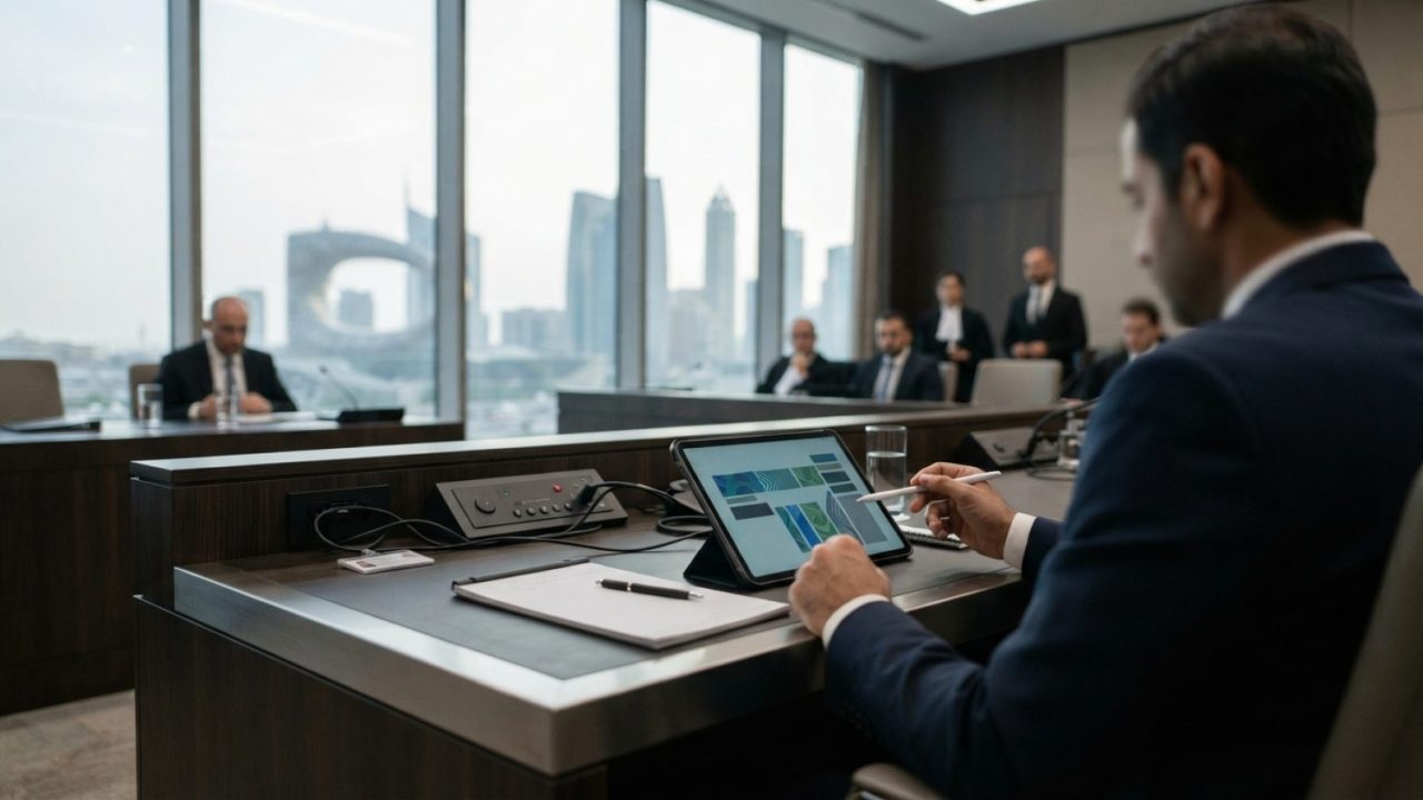 Illustration: A modern commercial courtroom desk with a digital tablet displaying legal verification status, with the Dubai International Financial Ce