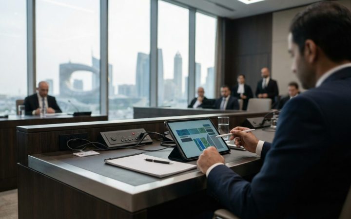 Illustration: A modern commercial courtroom desk with a digital tablet displaying legal verification status, with the Dubai International Financial Ce