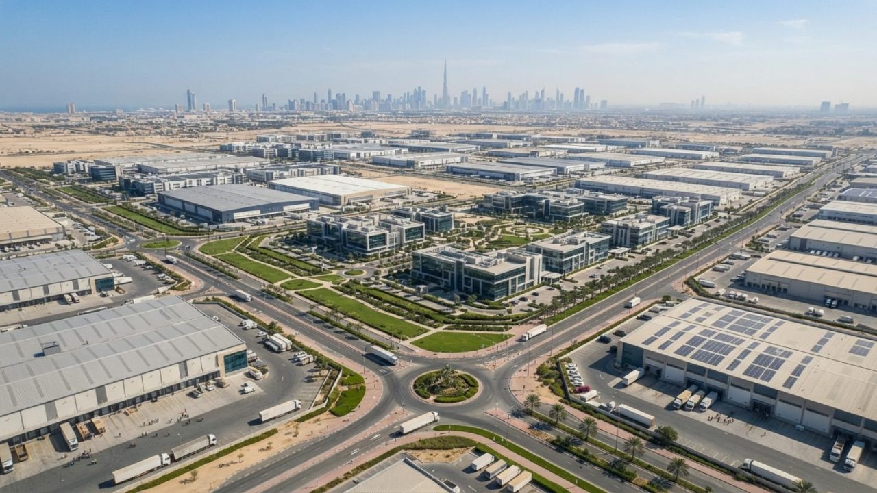 Illustration: An expansive aerial photograph of a modern industrial and commercial park in Dubai, showing wide paved logistics roads, contemporary war