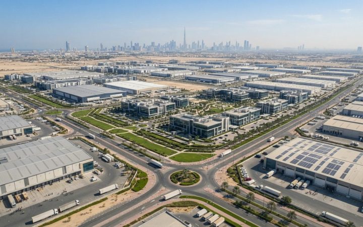 Illustration: An expansive aerial photograph of a modern industrial and commercial park in Dubai, showing wide paved logistics roads, contemporary war