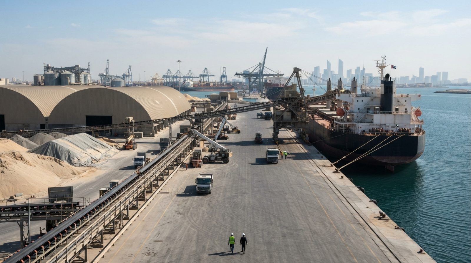 Illustration: Industrial bulk commodity trading port terminal in the UAE with covered dry bulk storage facilities, logistics conveyers, and commercial