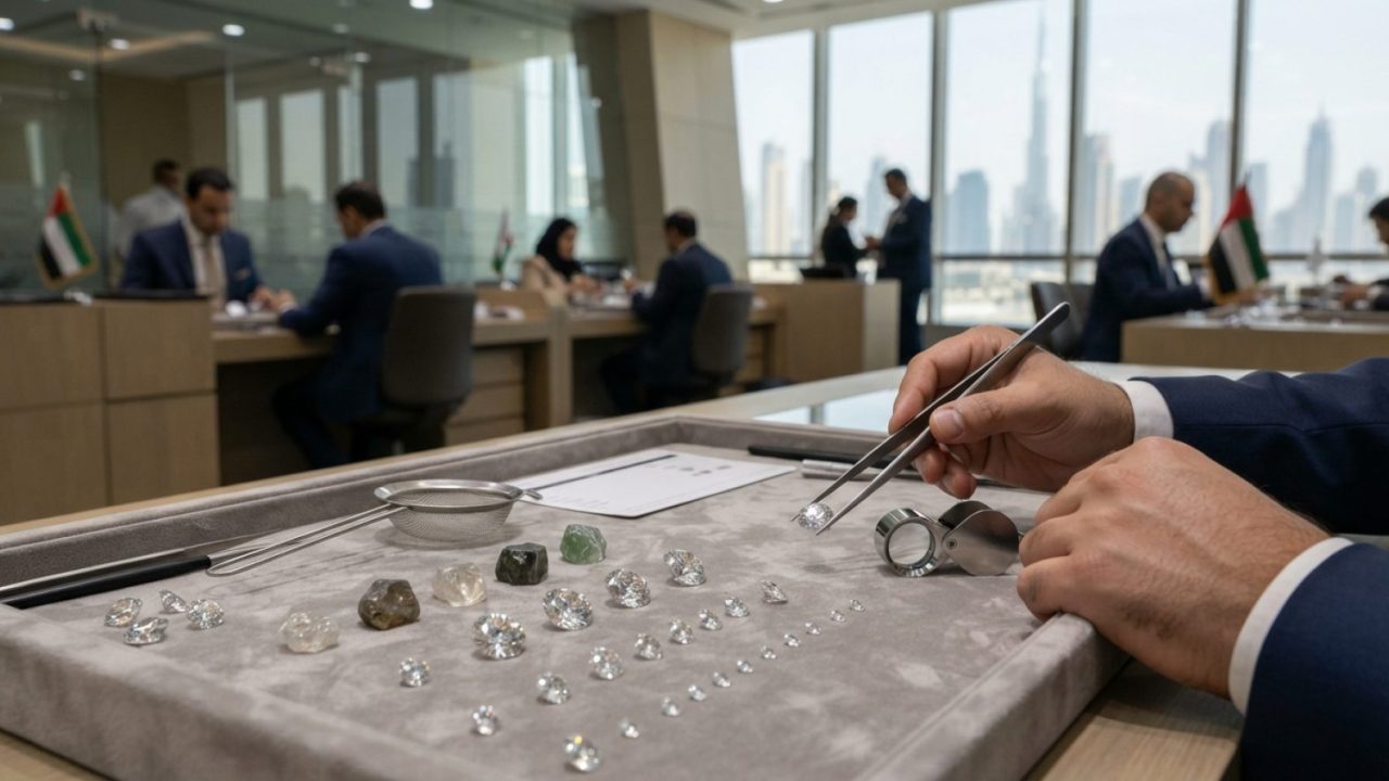 Illustration: Editorial news photo of polished cut diamonds and raw gemstones displayed on a neutral velvet grading surface next to gemological loupes