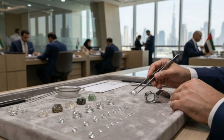 配图：陈列在中性色天鹅绒分级台面上、旁边配有宝石学放大镜的切磨抛光钻石与宝石原石的新闻采编照片