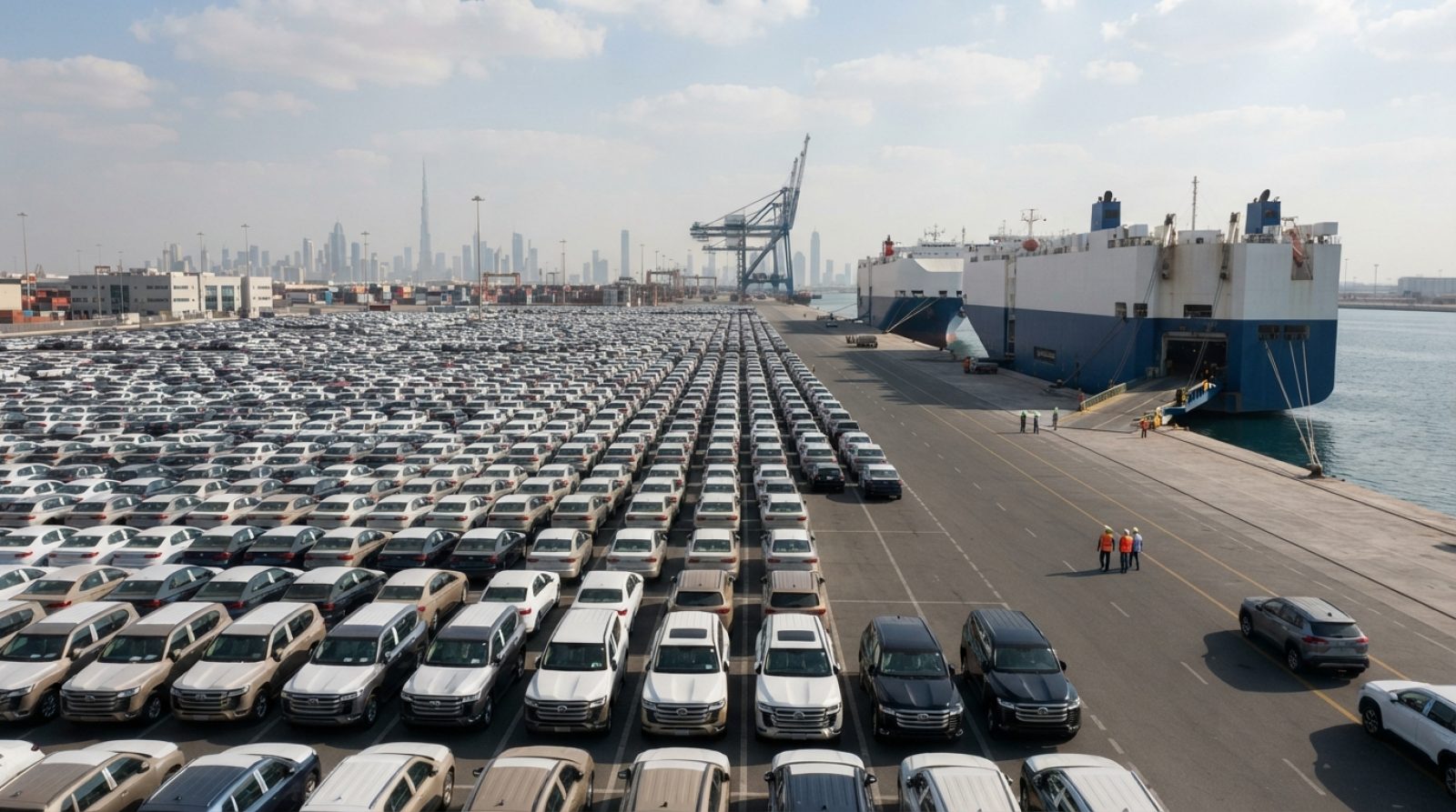 Illustration: Editorial news photograph showing rows of newly imported cars parked in a vast commercial port vehicle storage terminal in Jebel Ali Dub
