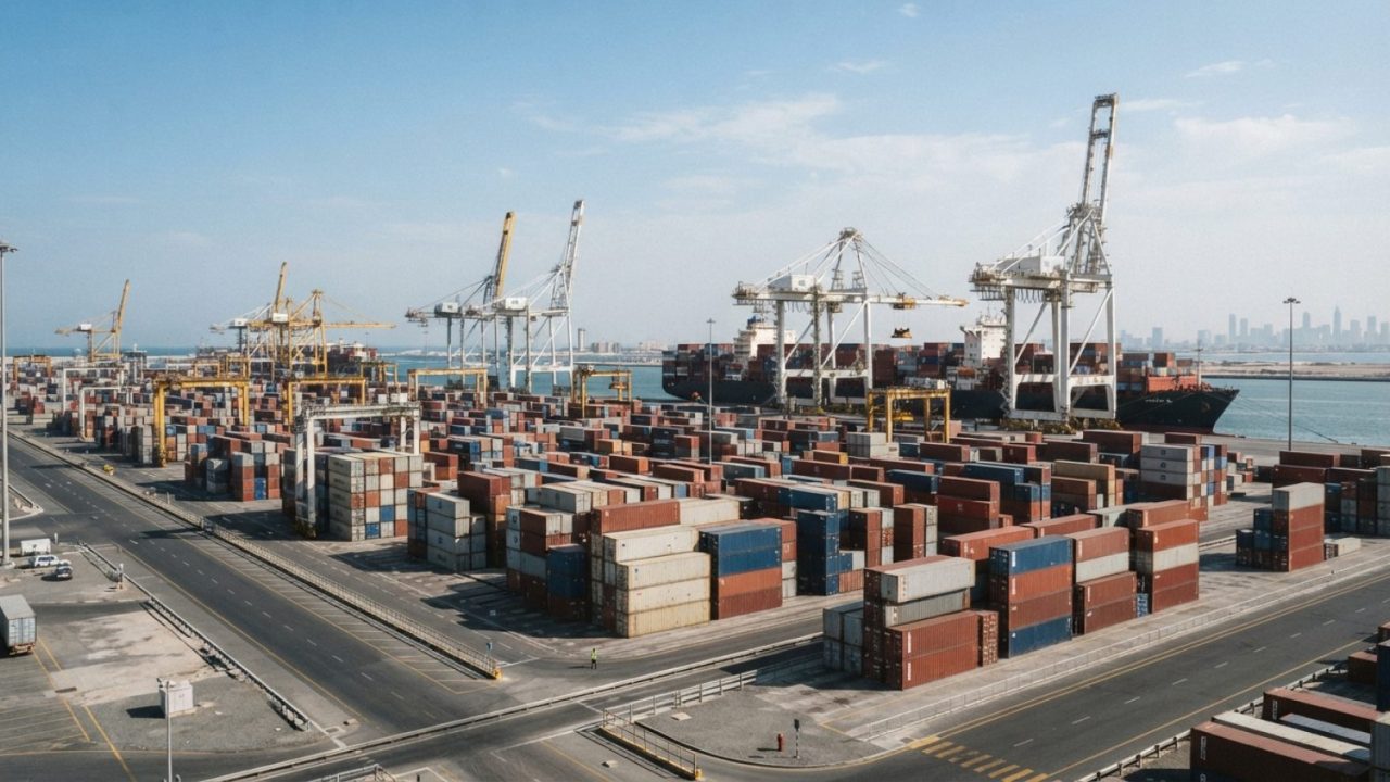 Illustration: A modern commercial maritime shipping terminal at Jebel Ali Port with rows of stacked shipping containers and gantry cranes against a cl
