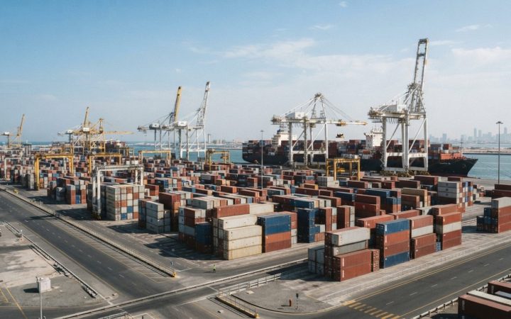 Illustration: A modern commercial maritime shipping terminal at Jebel Ali Port with rows of stacked shipping containers and gantry cranes against a cl