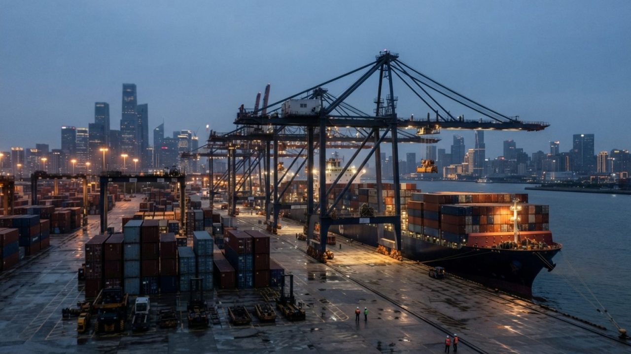 Illustration: Commercial container port terminal with tall gantry cranes handling cargo containers at twilight, realistic editorial photography.