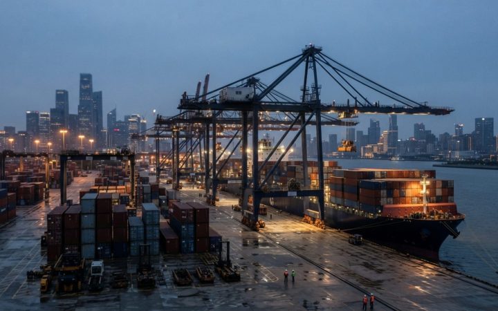 Illustration: Commercial container port terminal with tall gantry cranes handling cargo containers at twilight, realistic editorial photography.