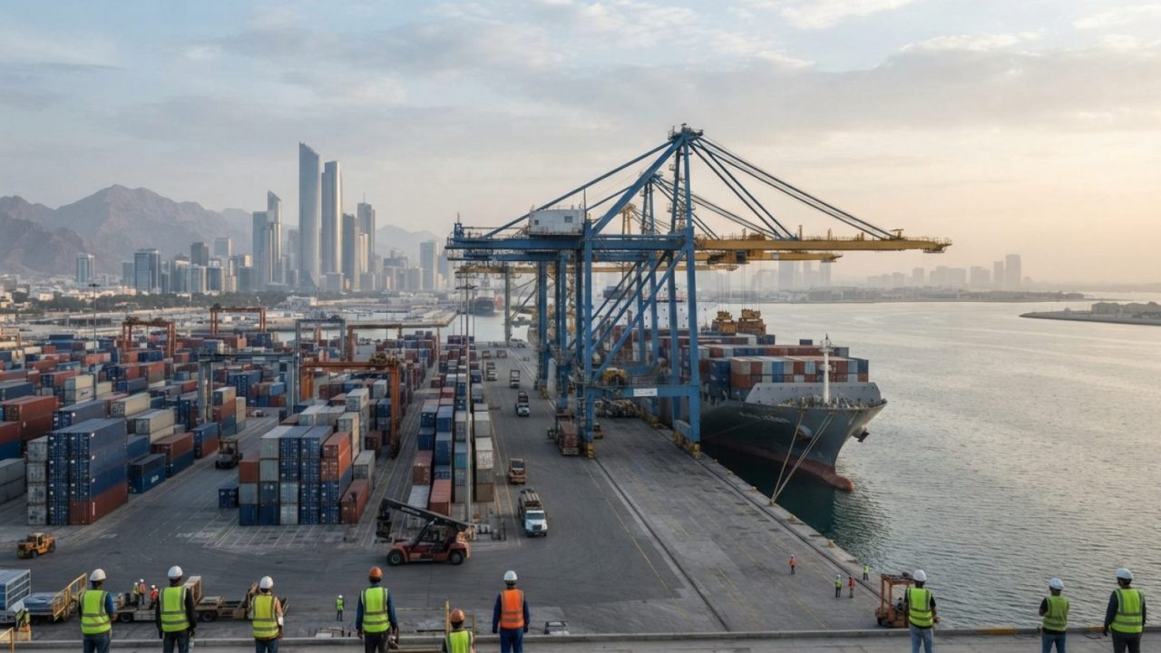 Illustration: A modern deepwater container terminal with massive ship-to-shore gantry cranes handling cargo vessels along a coastal port at dawn, clea