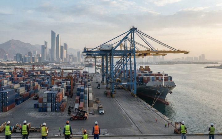 Illustration: A modern deepwater container terminal with massive ship-to-shore gantry cranes handling cargo vessels along a coastal port at dawn, clea