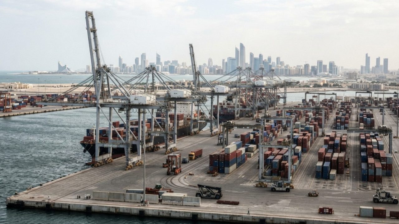 Illustration: A modern deepwater container terminal with massive ship-to-shore gantry cranes and stacked shipping containers along an open sea coastli