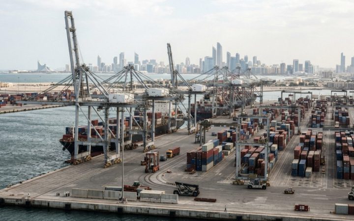 Illustration: A modern deepwater container terminal with massive ship-to-shore gantry cranes and stacked shipping containers along an open sea coastli