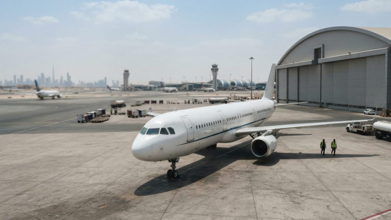 Illustration: A modern commercial airplane parked outside a sleek airport hangar on a tarmac under bright daylight in Dubai, with airport infrastructu