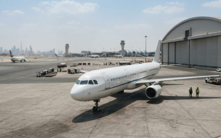 Illustration: A modern commercial airplane parked outside a sleek airport hangar on a tarmac under bright daylight in Dubai, with airport infrastructu