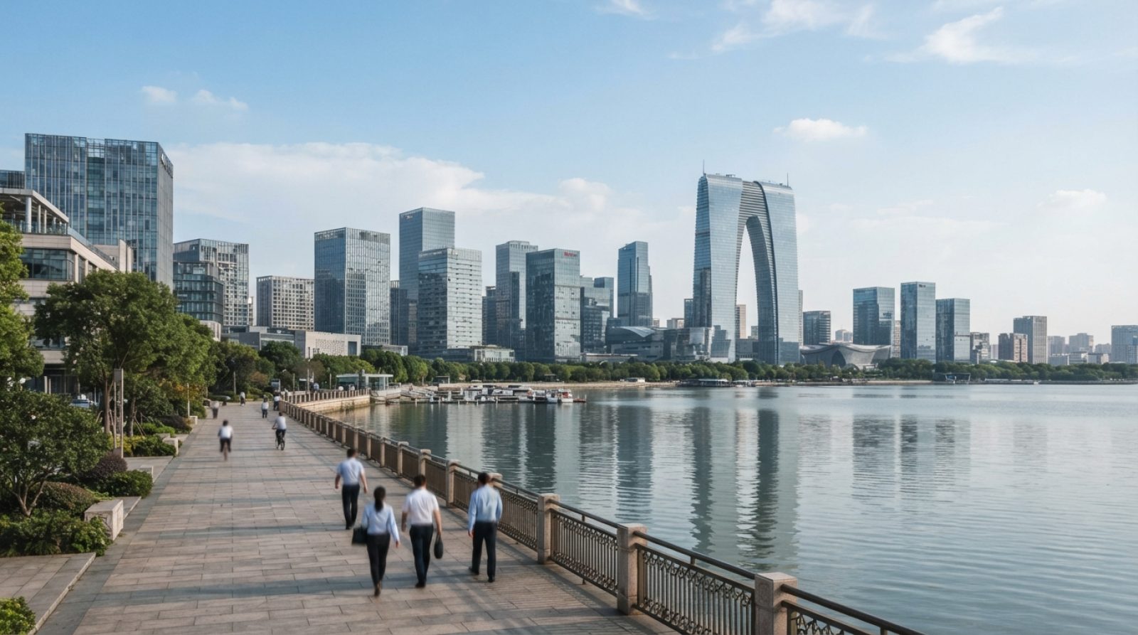 Illustration: Modern high-rise office towers and glass business centers in Suzhou Industrial Park beside a calm urban waterway on a clear day, photogr