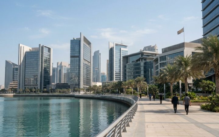 Illustration: Editorial daylight photograph of modern glass commercial high-rises and financial district headquarters in the UAE, with clean waterfron