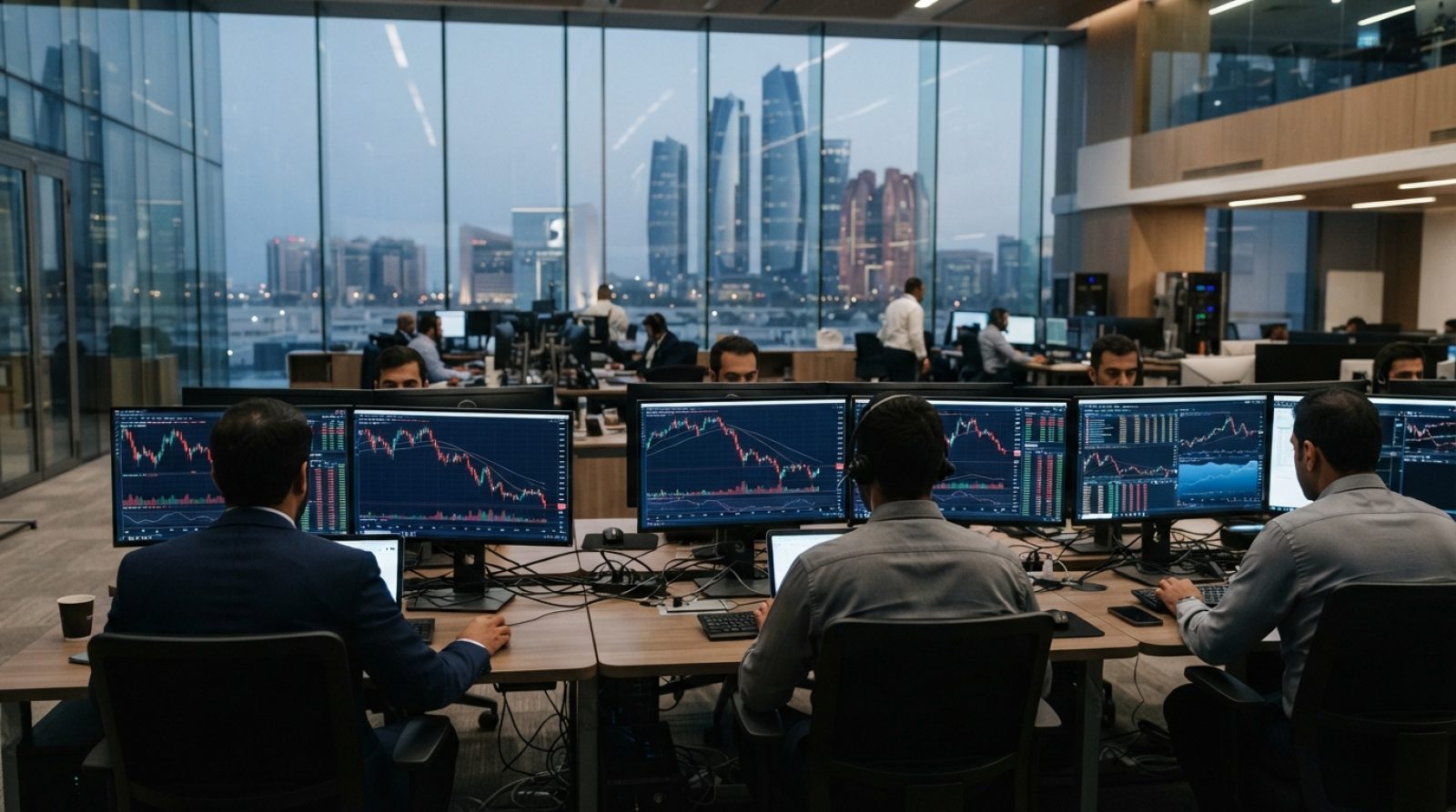 Illustration: A modern, sophisticated financial trading room in the United Arab Emirates with large digital display monitors showing candlestick chart