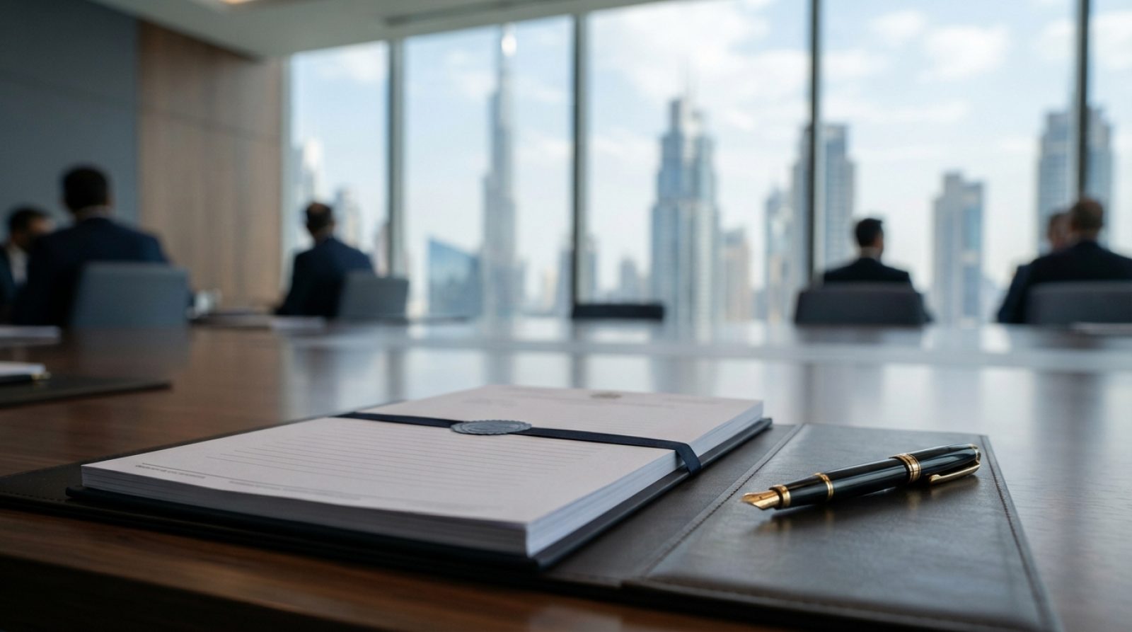 Illustration: A close-up editorial photograph of commercial dispute settlement legal documents and a luxury pen lying on a polished boardroom table in
