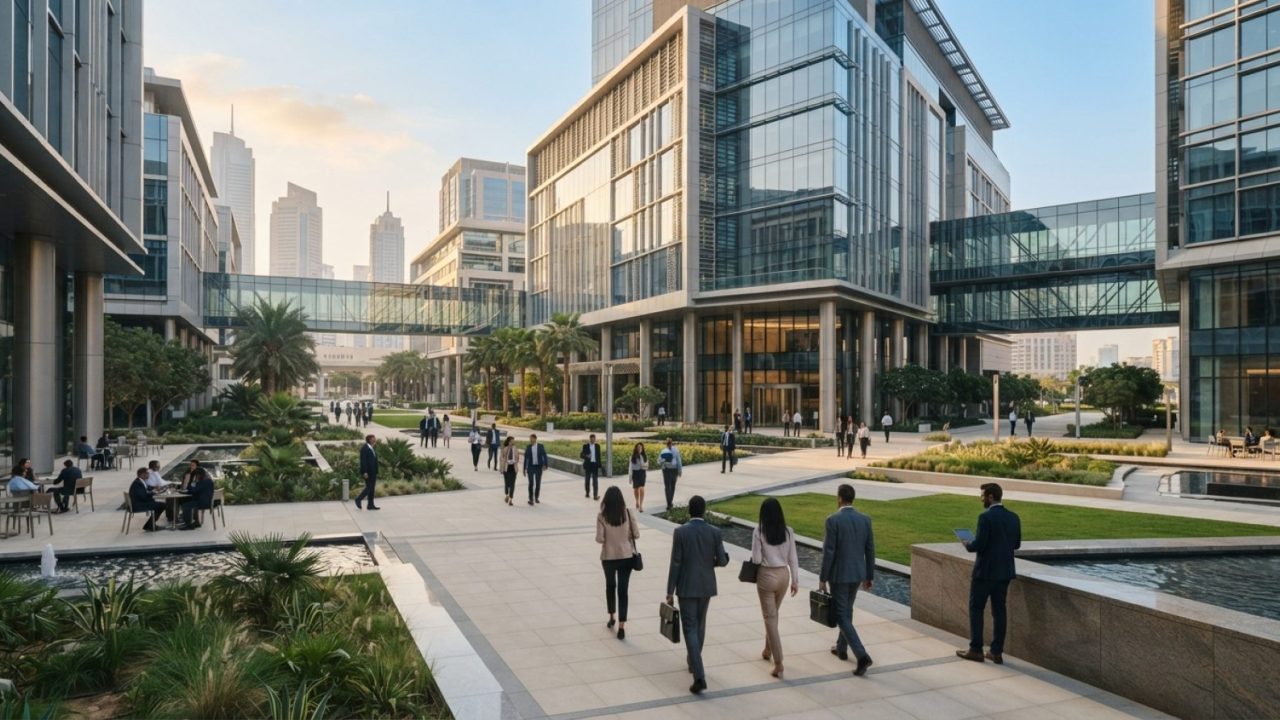Illustration: Futuristic commercial office complex and innovation technology campus in a modern financial district with clean glass facades, landscape