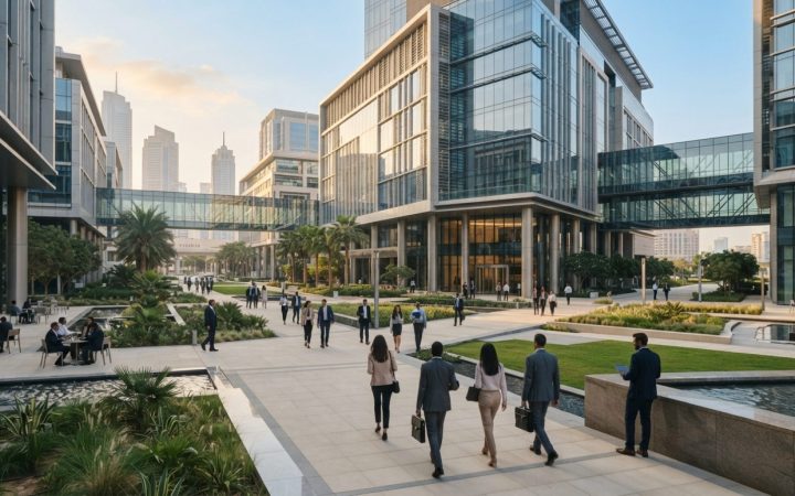 Illustration: Futuristic commercial office complex and innovation technology campus in a modern financial district with clean glass facades, landscape