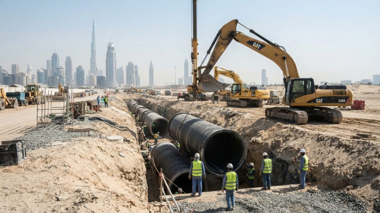 Illustration: Heavy construction site in Dubai showing large underground stormwater drainage pipes with diameter of several meters being installed int