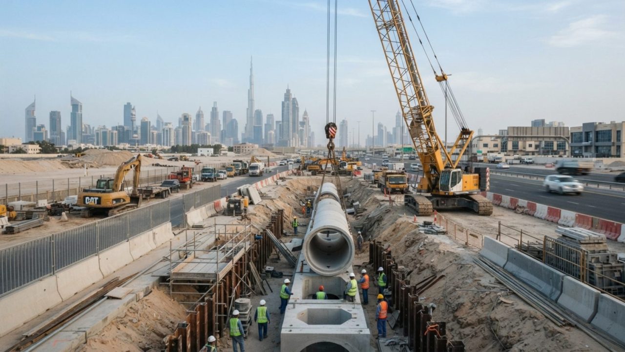 Illustration: A wide-angle editorial view of an active civil infrastructure construction site in Dubai, showing workers and heavy cranes installing la