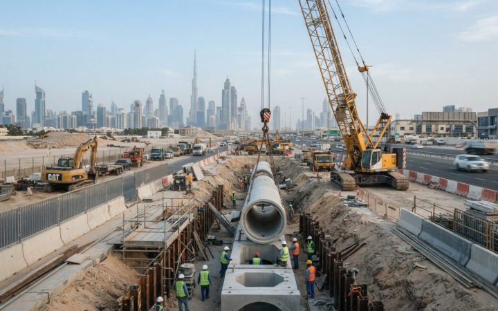 Illustration: A wide-angle editorial view of an active civil infrastructure construction site in Dubai, showing workers and heavy cranes installing la