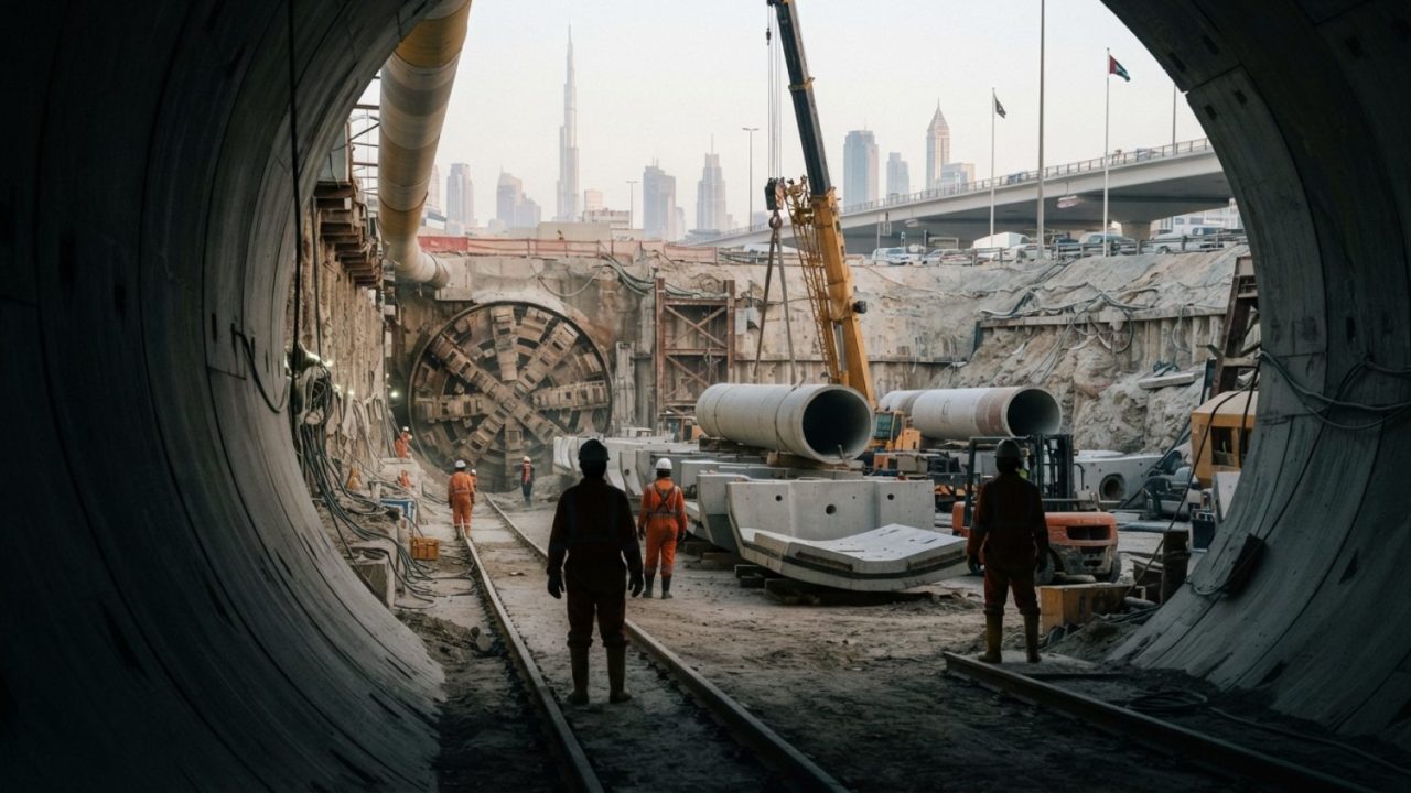 Illustration: A realistic editorial news photograph of deep civil engineering drainage tunnel construction in Dubai, featuring large underground tunne