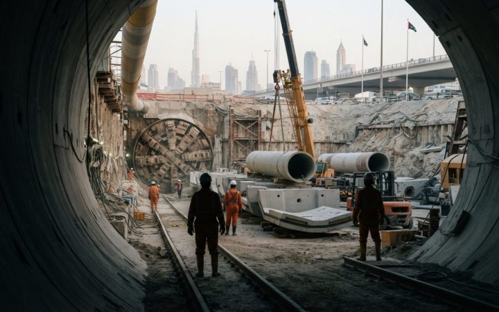 Illustration: A realistic editorial news photograph of deep civil engineering drainage tunnel construction in Dubai, featuring large underground tunne